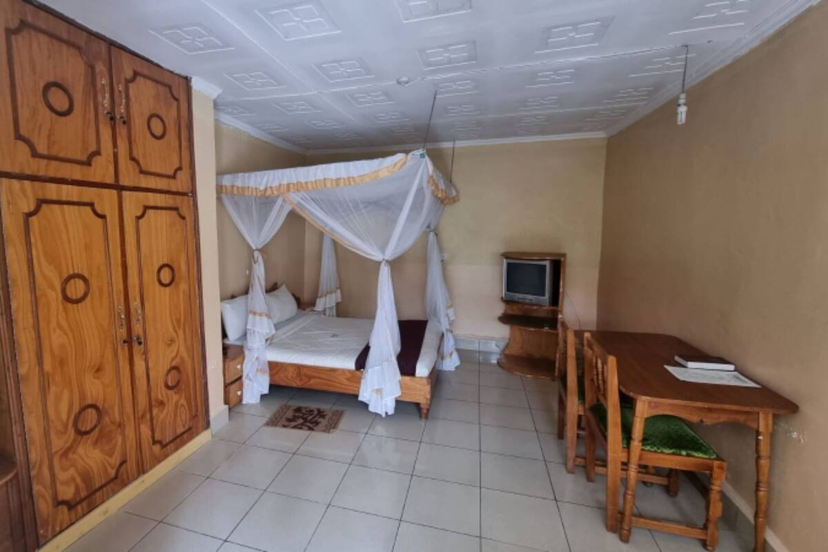 Un dormitorio con una cama bajo un dosel, un armario de madera, un televisor y un escritorio con una silla.
