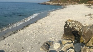 Una playa con aguas azules cristalinas, orilla de arena y grandes rocas.