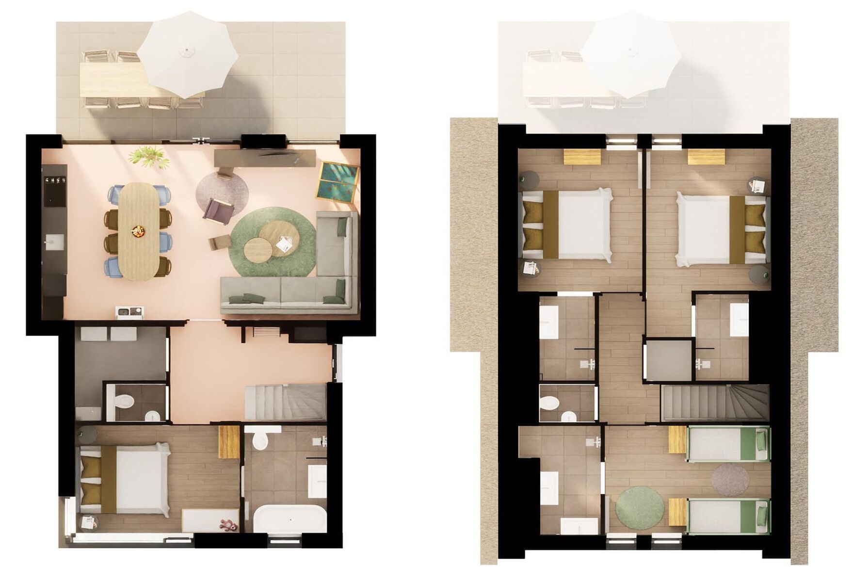 Ein Grundriss eines Hotels mit Essbereich, Wohnzimmer, Schlafzimmer, Badezimmer und Küche.