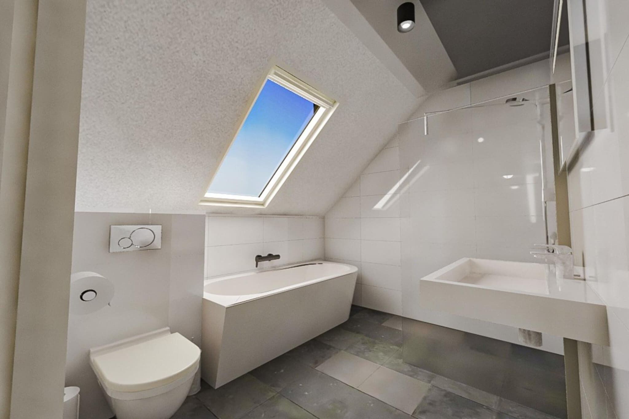 A modern bathroom with a skylight, a bathtub, a sink, and a toilet.