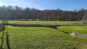 A grassy field with a small stream, a wooden fence, and a bench. - Accommodation in the forges of Orval (Orval)