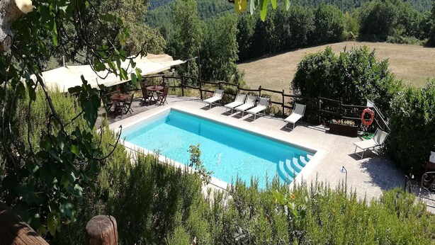 Una piscina rectangular con borde de baldosas, rodeada de sillas de descanso y una valla de madera.