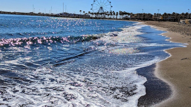 A beach with a Ferris wheel in the background, waves gently lapping at the shore, and a clear blue sky.
