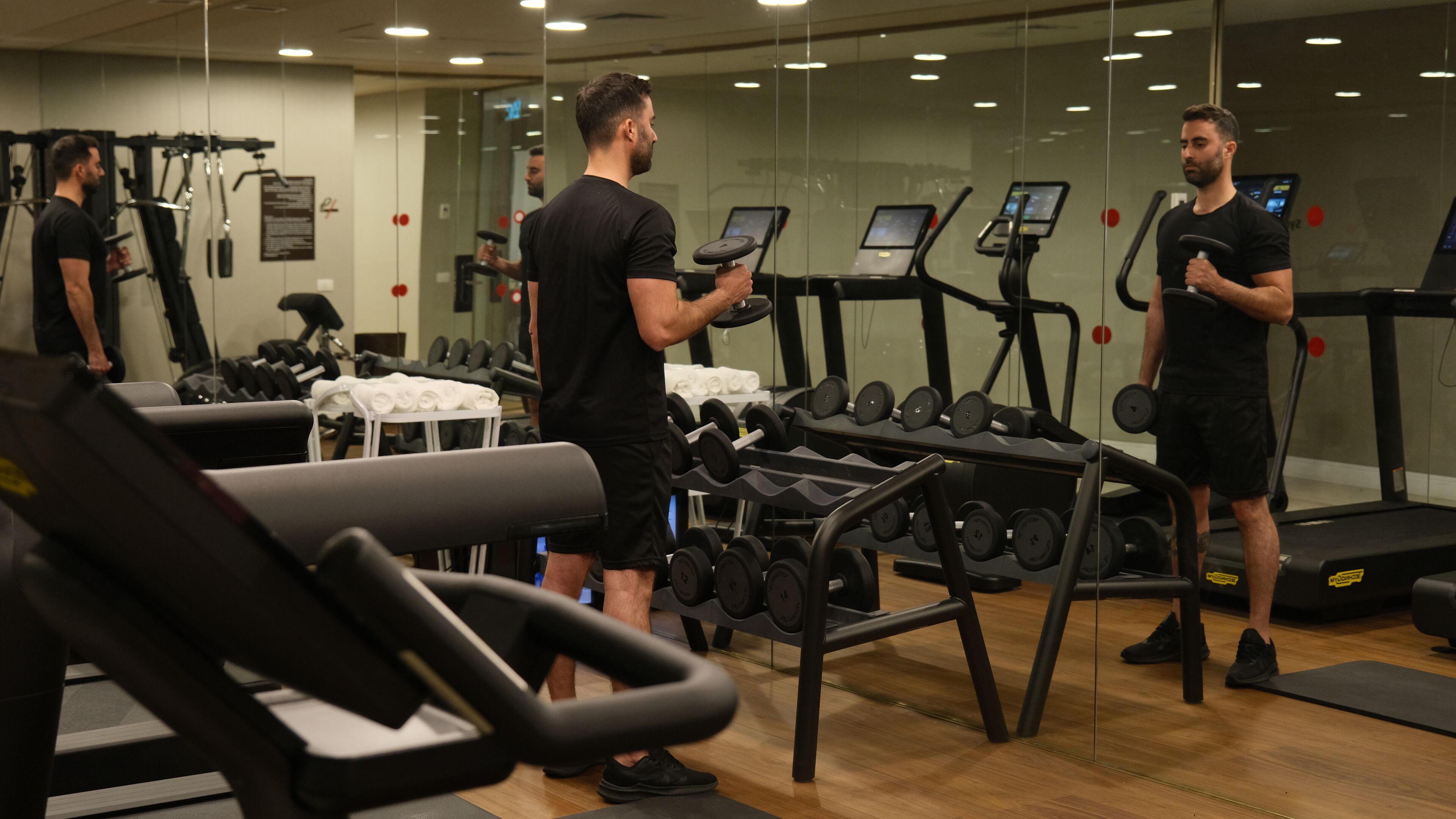 A gym with treadmills, dumbbells, and exercise equipment.
