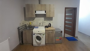 Une cuisine compacte équipée d’un lave-linge, d’un petit réfrigérateur et d’un évier.