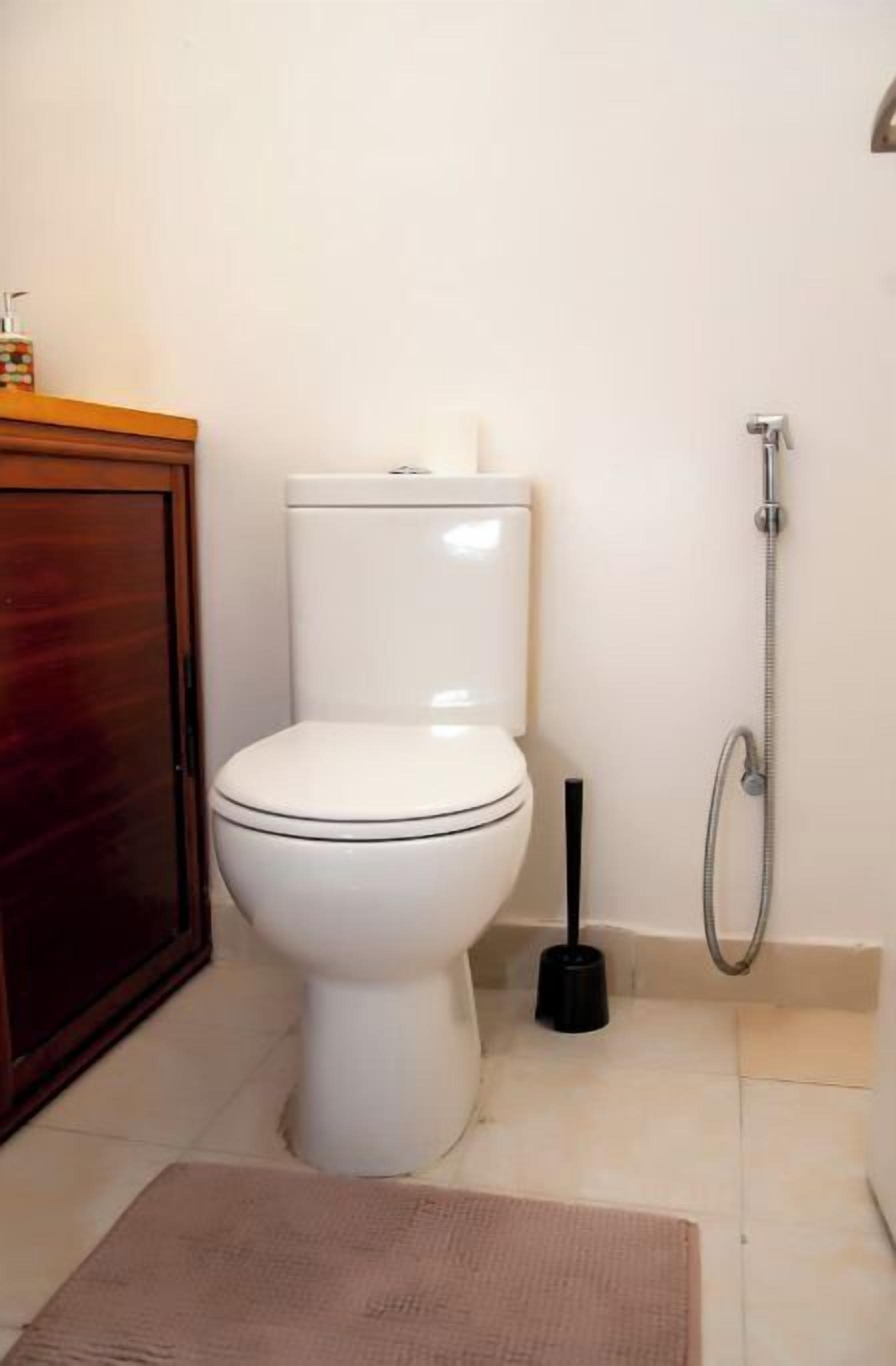 A bathroom with a white toilet, a wooden cabinet, a shower, and a black plunger.