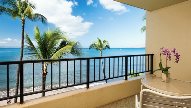 Ein Balkon mit Blick auf den Ozean, Palmen und einem Topforchidee.