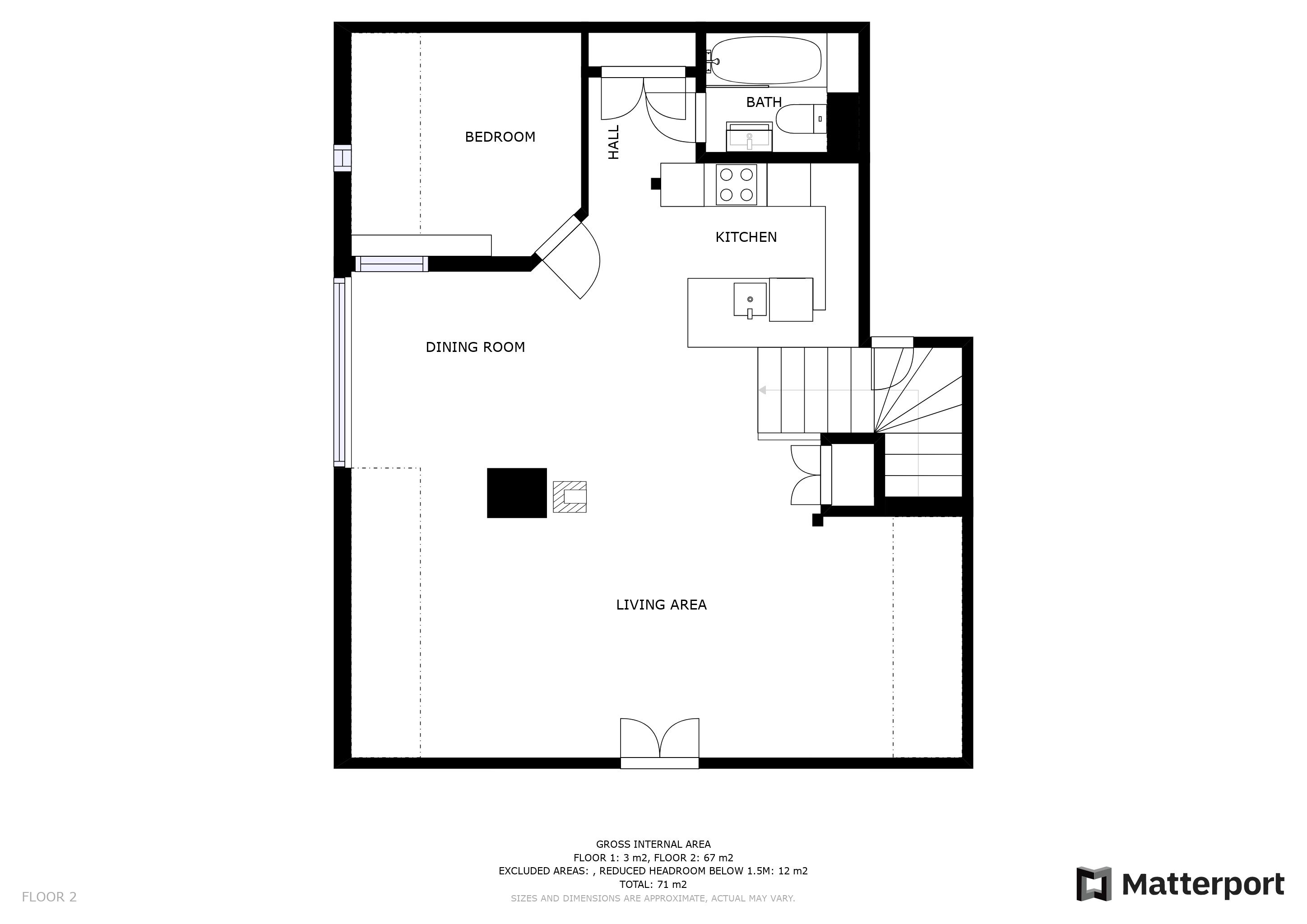 A floor plan of a hotel room with a bedroom, dining room, kitchen, bathroom, and living area.