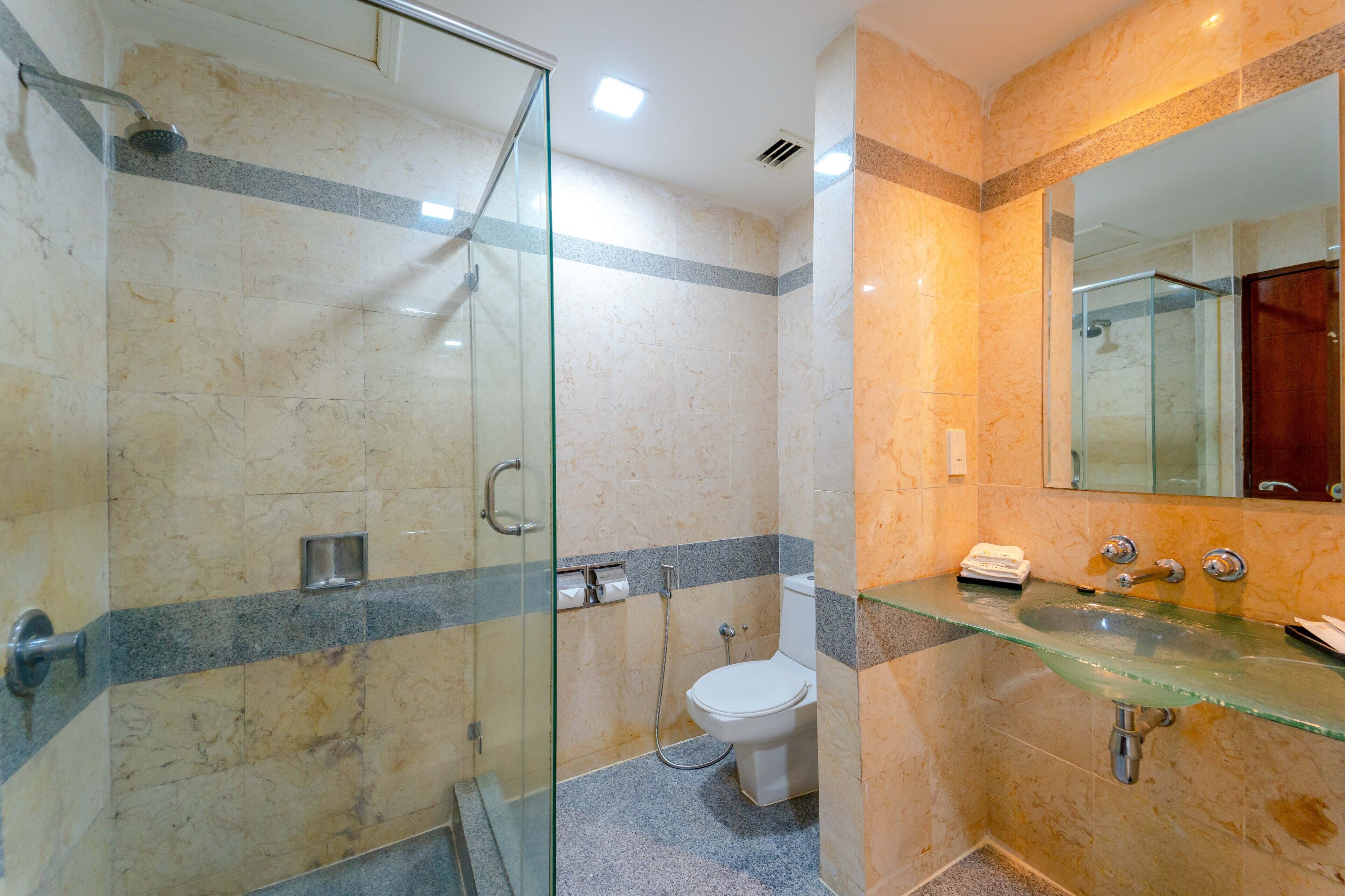 A modern bathroom with a glass shower enclosure, a glass sink, and a toilet.