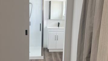 Shower, hair dryer, towels, toilet paper