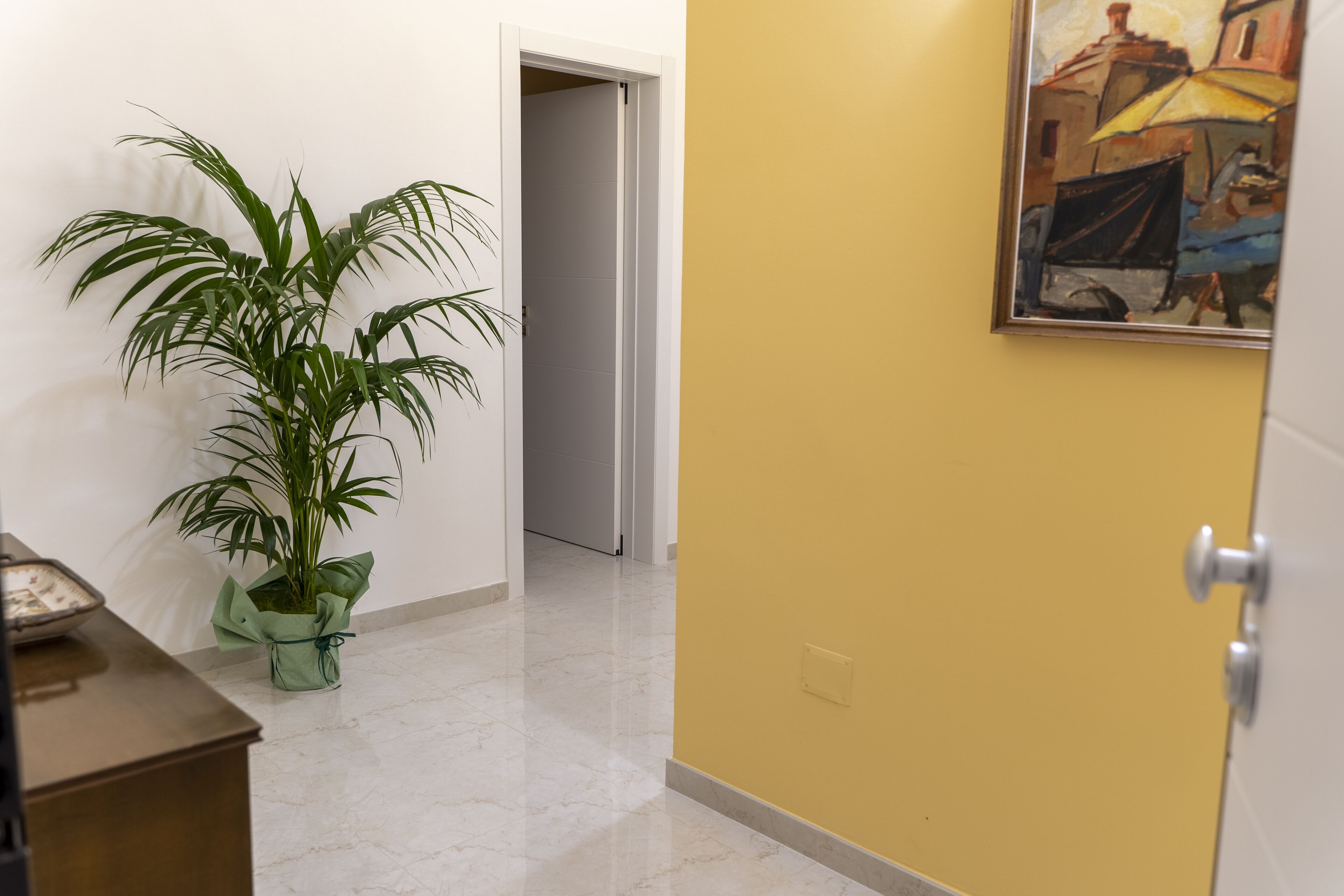 A hallway with a potted plant, a painting on the wall, and a door leading to another room.