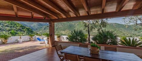 Une terrasse couverte avec une table et des chaises en bois, des plantes en pot et une vue sur un paysage montagneux.