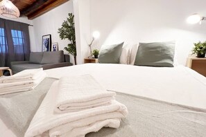 2 habitaciones, tabla de planchar con plancha y ropa de cama 