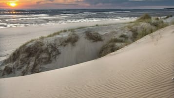 Een strand met duinen en een ondergaande zon.