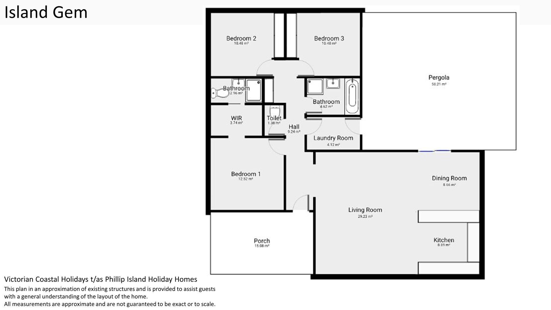 Grundriss vom Island Gem, einschließlich Schlafzimmern, einem Wohnzimmer, einer Küche, einem Esszimmer, einem Badezimmer, einem Hauswirtschaftsraum und einer Veranda.