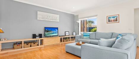 Télévision, cheminée, lecteur de DVD, vidéothèque