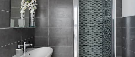 Shower, hair dryer, bidet, towels