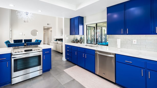 Een moderne keuken met blauwe kastjes, een roestvrijstalen oven en een vaatwasser.