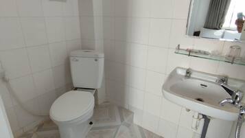 A bathroom with a toilet, sink, and mirror.