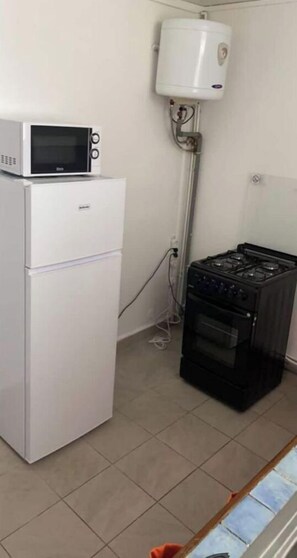 Kitchen area features a refrigerator, microwave, oven, and water heater.