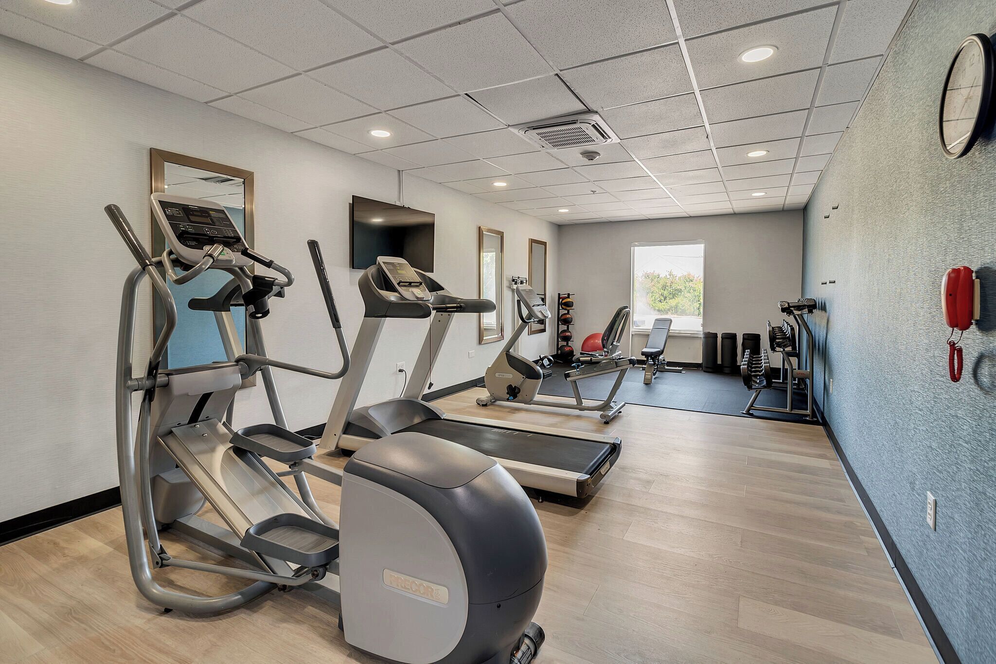 A gym with treadmills, elliptical machines, and a mirror.
