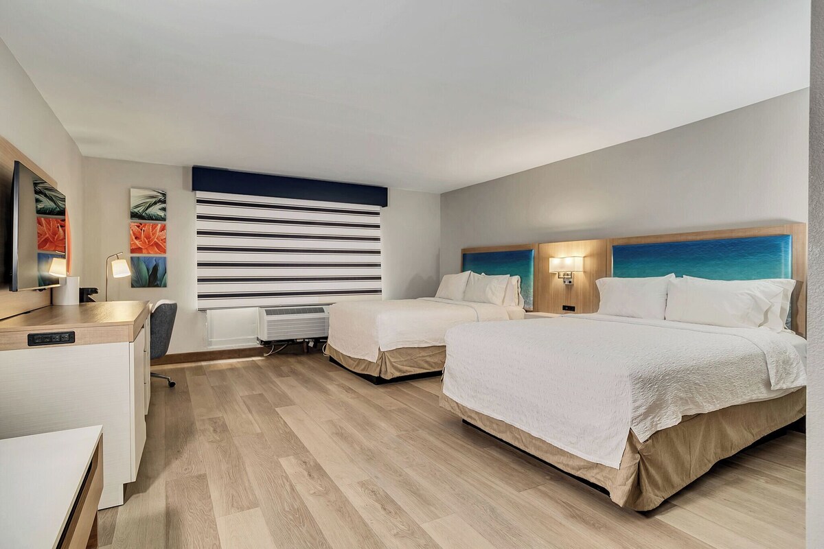 Standard Room, 2 Queen Beds, Roll-in Shower (Mobility Accessible) | Desk, laptop workspace, blackout curtains, iron/ironing board