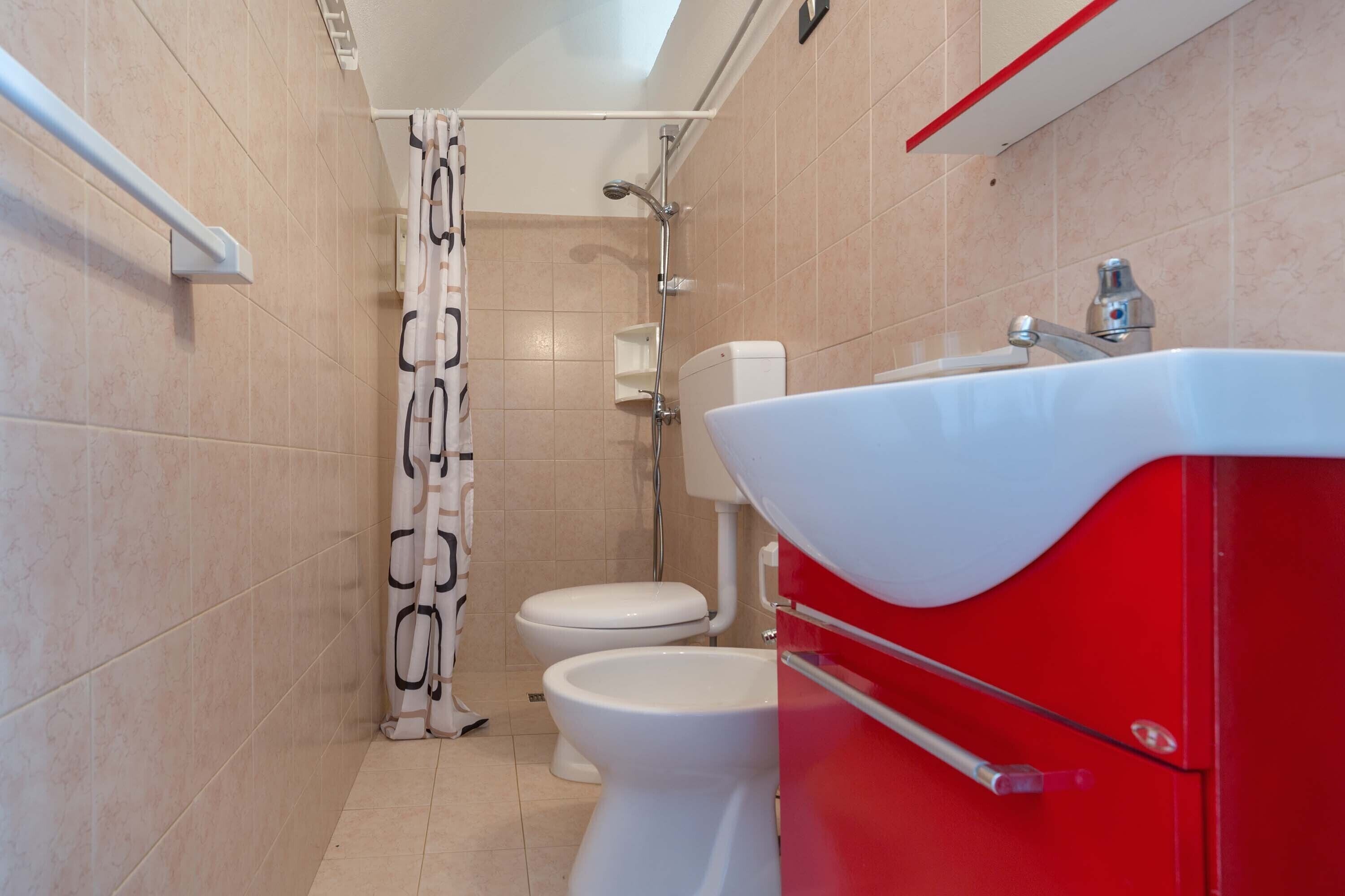 A bathroom with a shower, toilet, and red sink.