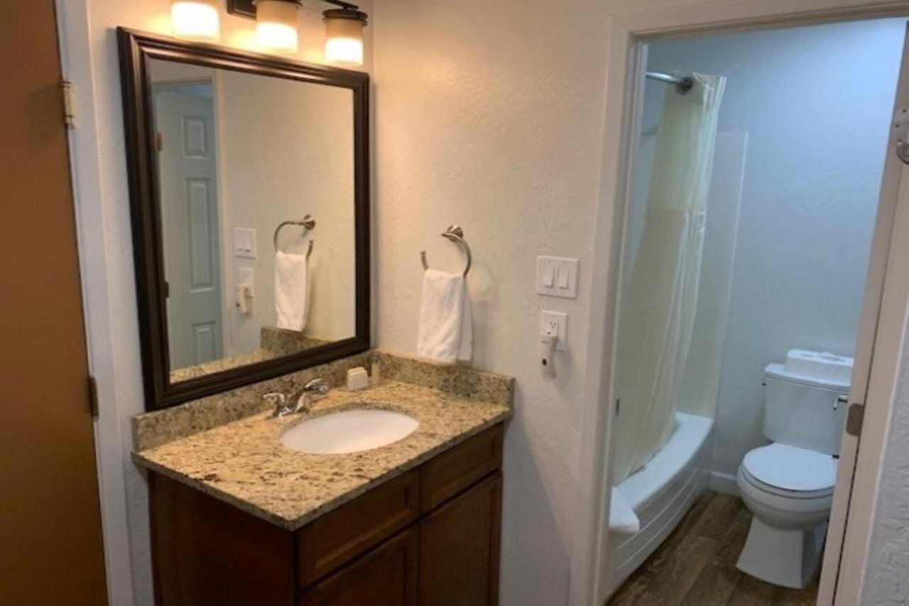Une salle de bain avec un lavabo sur un comptoir en granit, un grand miroir, des toilettes blanches et une douche à parois de verre.