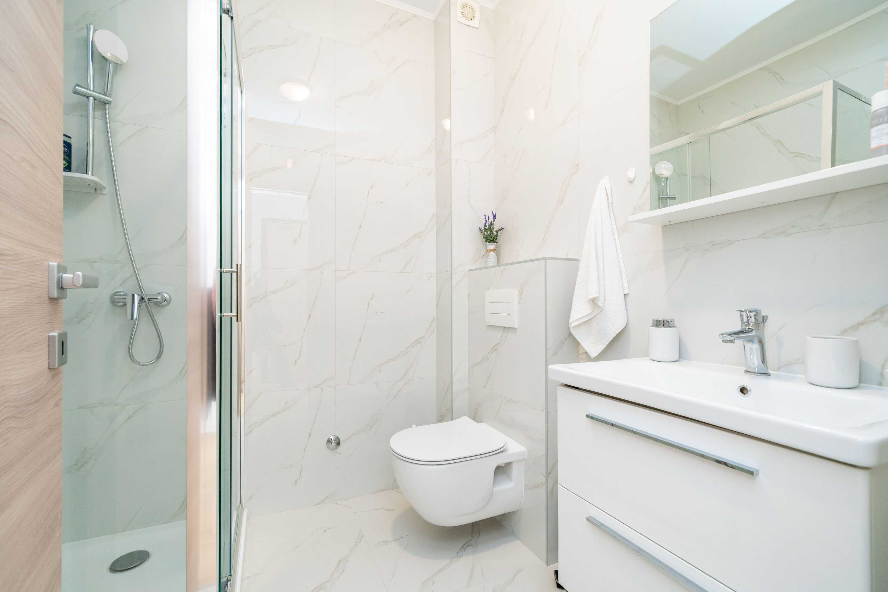 A modern bathroom with a glass-enclosed shower, a white toilet, and a vanity with a mirror and sink.