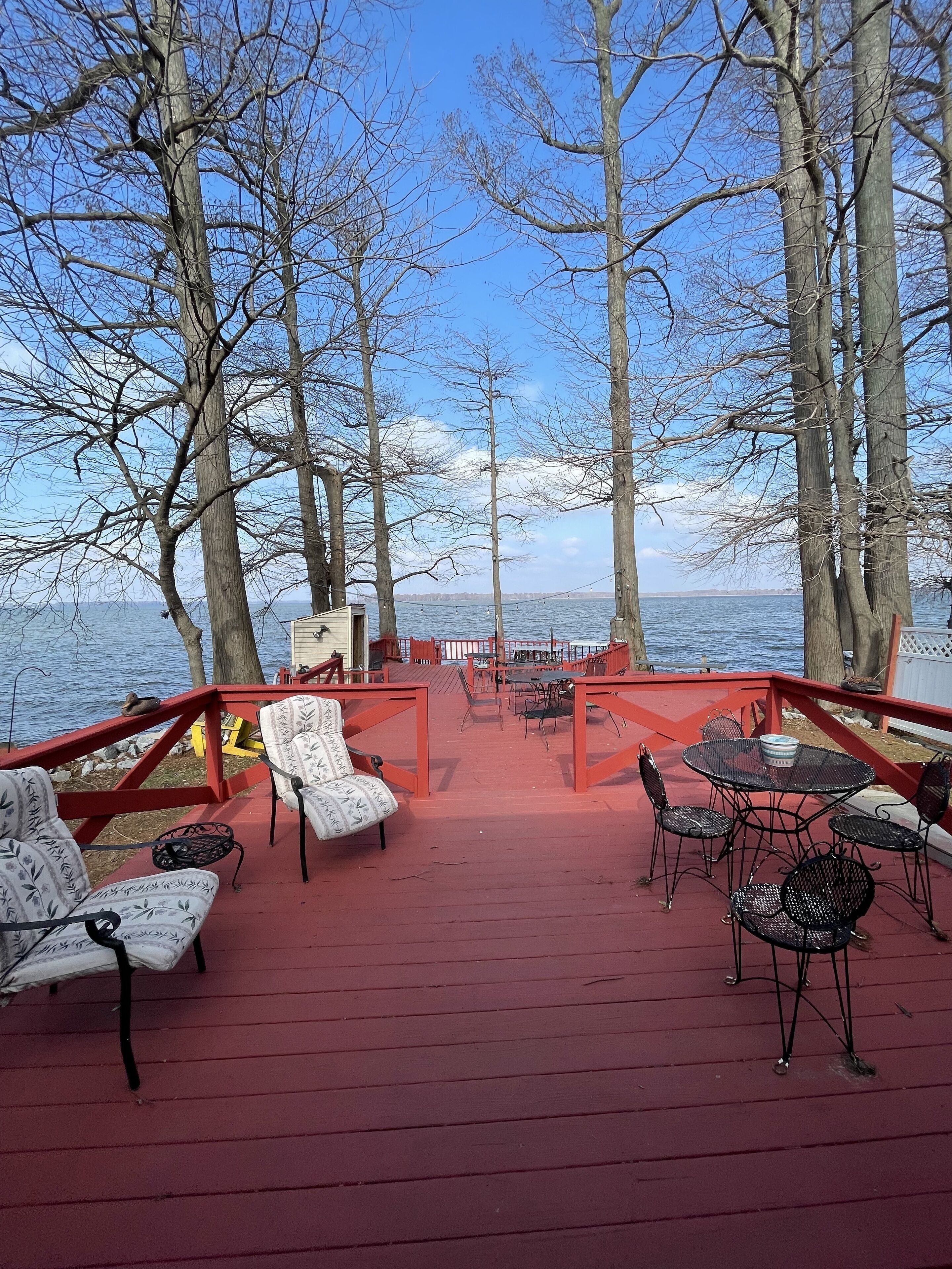 Une terrasse avec des sièges extérieurs, une vue sur le lac et des arbres.