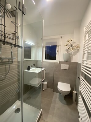 Shower, hair dryer, towels, soap