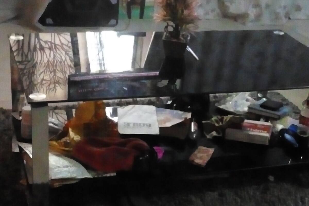 Sala de estar com sofá, mesa de centro e planta em vaso. Há uma janela com cortinas, prateleira na parede e uma porta.