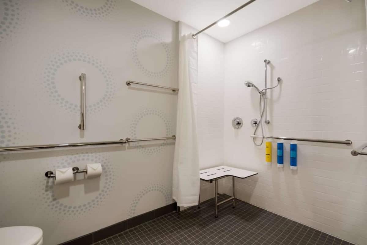 Un bagno con il water bianco, una doccia con maniglione e una piccola panca.