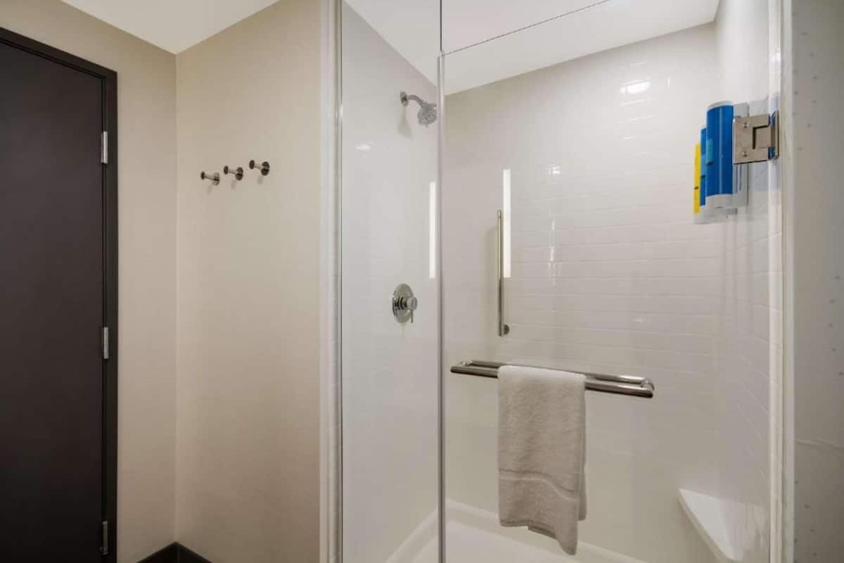 Een douche met glazen wanden, een handdoekhouder en een deur links.