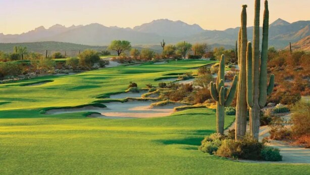 Een golfbaan met cactussen en bergen op de achtergrond.