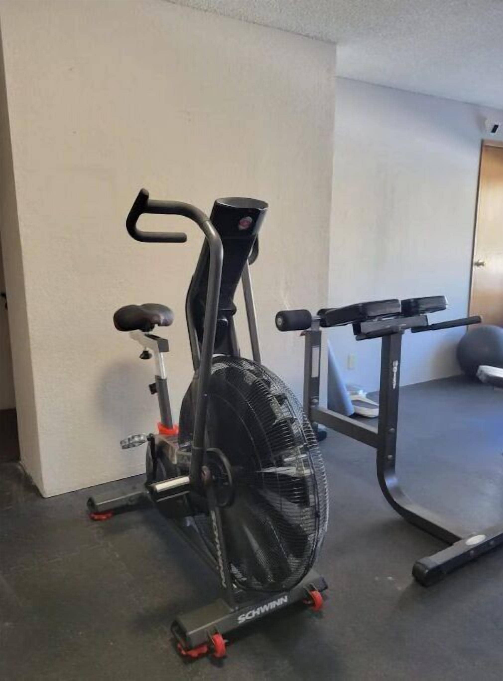 A stationary bike and a weight bench in a gym.