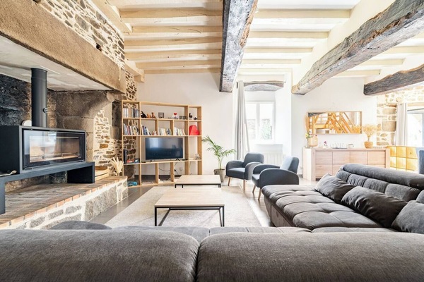 TV, fireplace, books