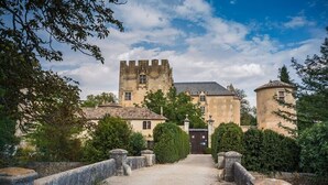 A castle-like building with a central tower, surrounded by greenery and a gravel pathway. - Durance Apartment with Terrace and Garden (Allemagne-En-Provence)