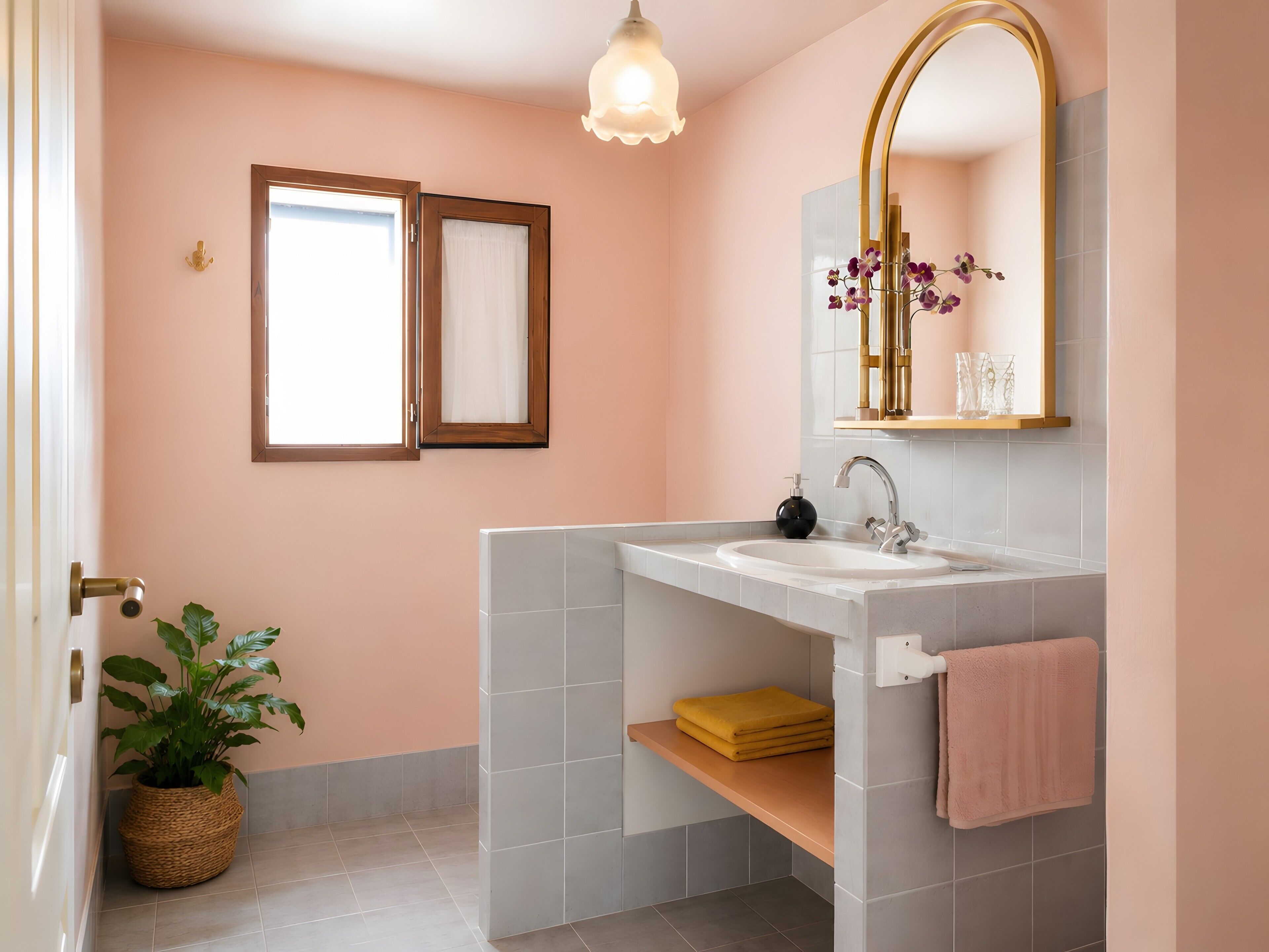 A bathroom with a white sink, a mirror with a gold frame, a towel rack, and a potted plant.