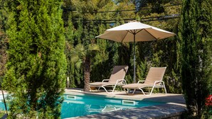Ein Swimmingpool mit zwei Liegestühlen und einem Sonnenschirm, umgeben von viel Grün.