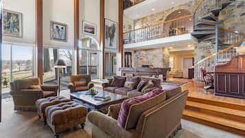 TV connectée, cheminée, livres