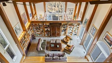 TV connectée, cheminée, livres