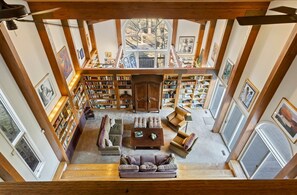 Smart TV, fireplace, books