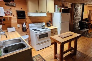 Eine kleine Küche mit Holzwänden, einem weißen Herd, einer Spüle und einer Steinwand.