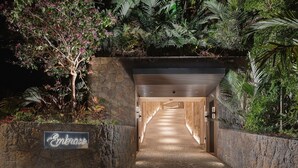 Entrada a un túnel con un muro de piedra, un cartel que dice "Embrace" y abundante vegetación a ambos lados.