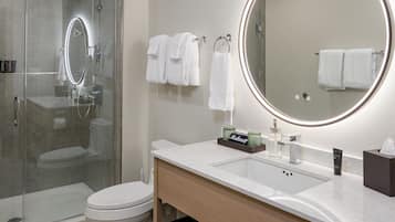 Hair dryer, towels, soap, shampoo