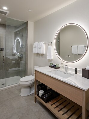 Hair dryer, towels, soap, shampoo