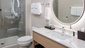 Hair dryer, towels, soap, shampoo