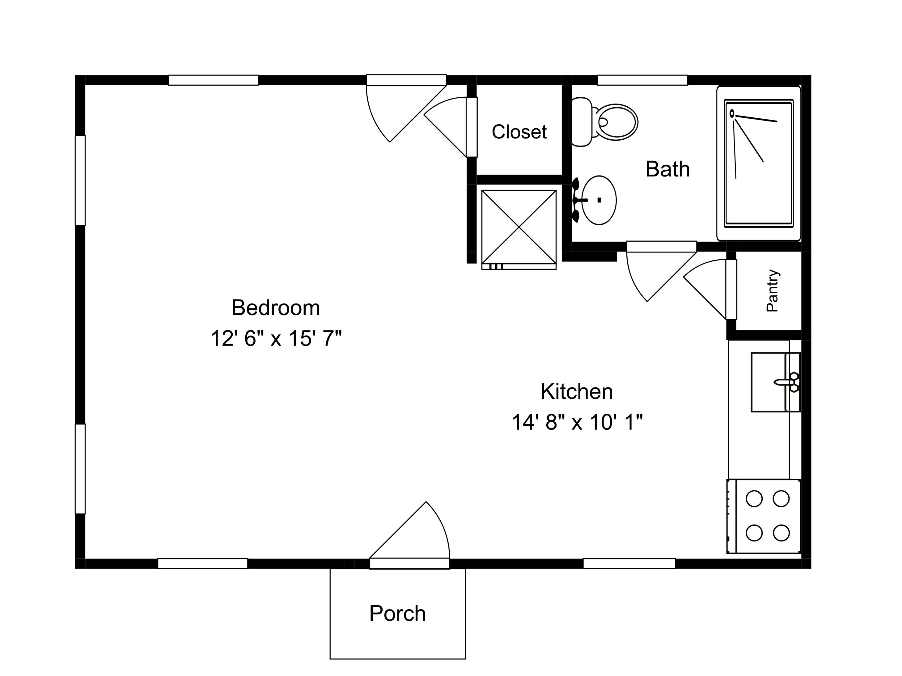 A floor plan with a bedroom, kitchen, bathroom, closet, and porch.