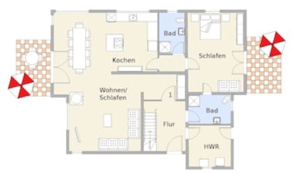 Un plan d’étage d’hôtel comprenant un espace de vie, une cuisine, deux chambres, une salle de bain et un couloir.